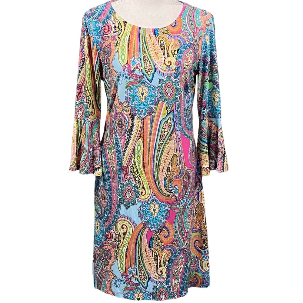 Tommy Hilfiger A-Line Colorful Paisley Dress 6 Bell Sleeve 3/4 Sleeve Logo Pull